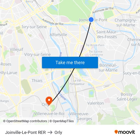 Joinville-Le-Pont RER to Orly map