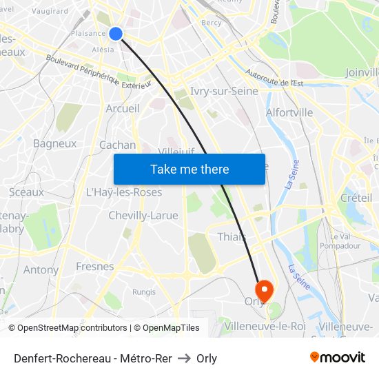 Denfert-Rochereau - Métro-Rer to Orly map