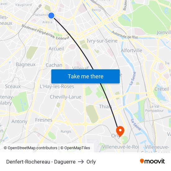 Denfert-Rochereau - Daguerre to Orly map