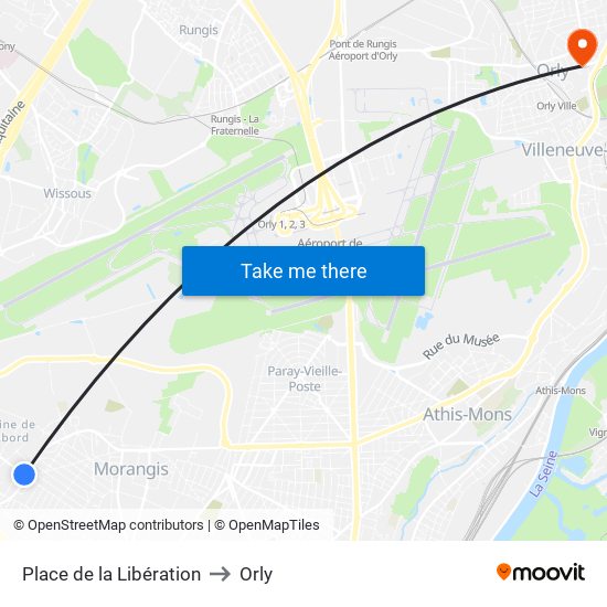 Place de la Libération to Orly map