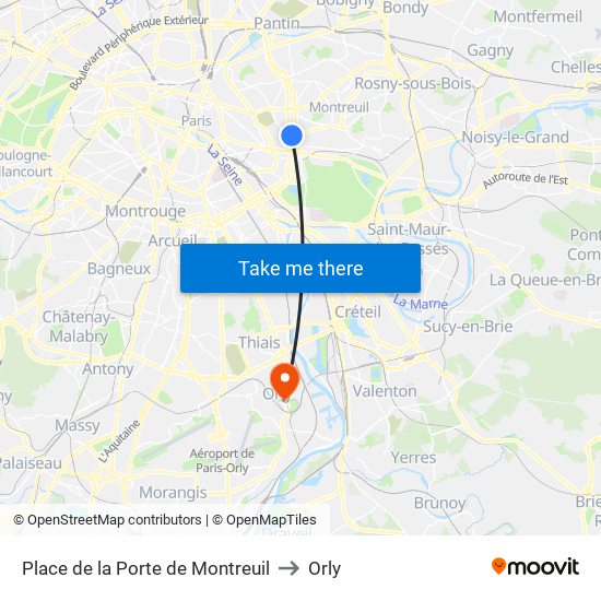 Place de la Porte de Montreuil to Orly map