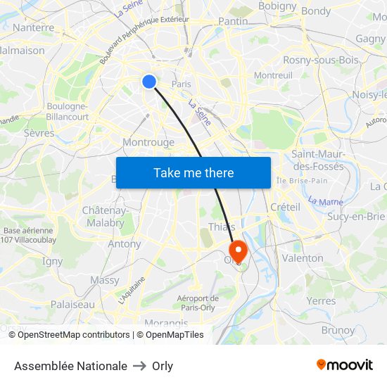 Assemblée Nationale to Orly map