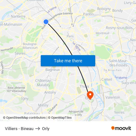 Villiers - Bineau to Orly map