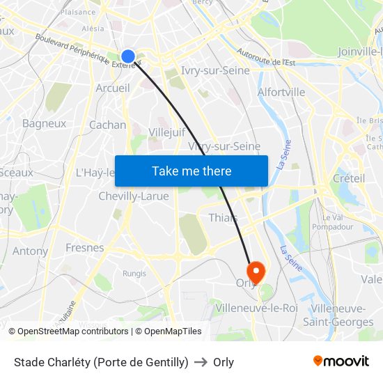 Stade Charléty (Porte de Gentilly) to Orly map