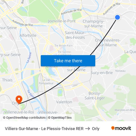 Villiers-Sur-Marne - Le Plessis-Trévise RER to Orly map