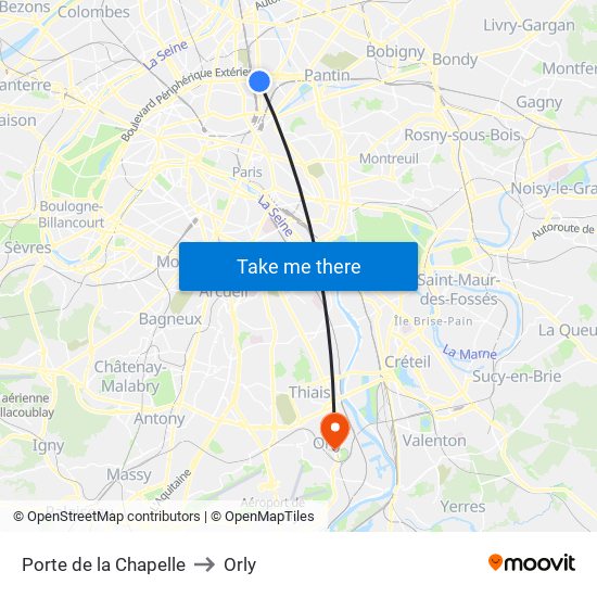 Porte de la Chapelle to Orly map