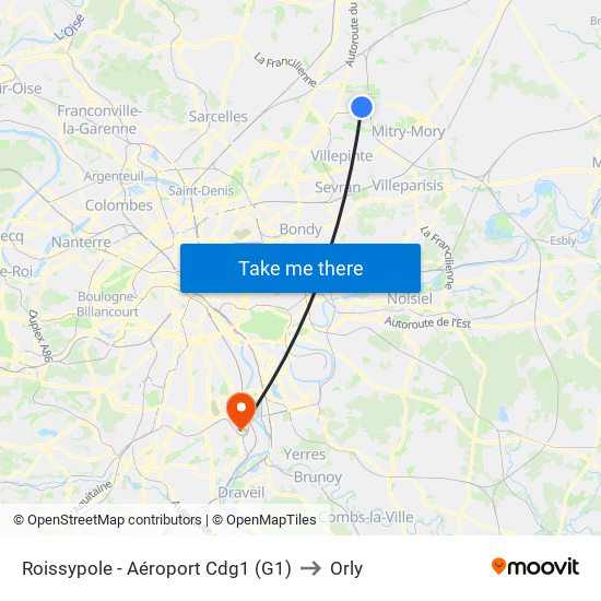 Roissypole - Aéroport Cdg1 (G1) to Orly map