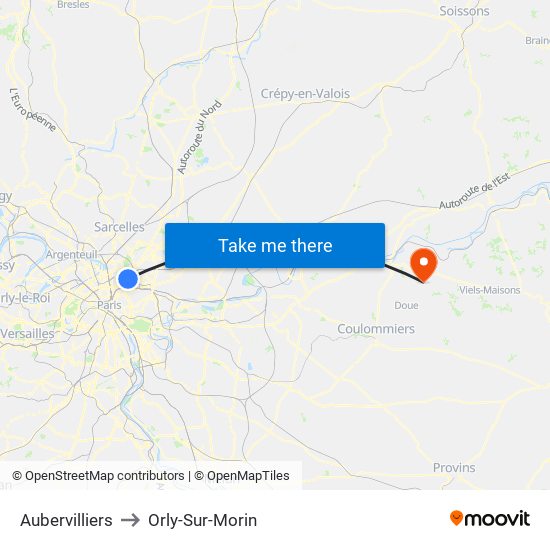 Aubervilliers to Orly-Sur-Morin map