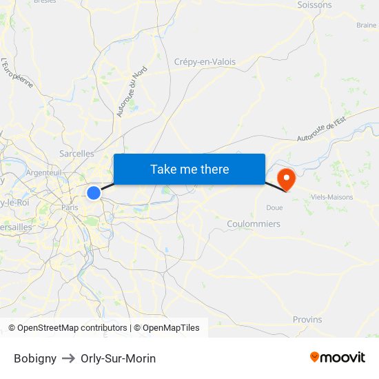 Bobigny to Orly-Sur-Morin map