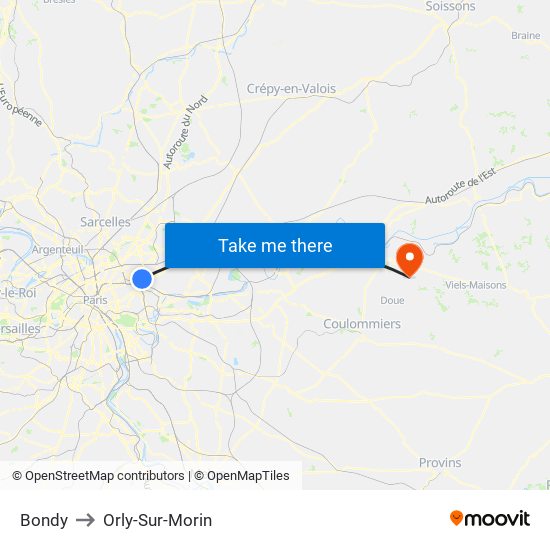 Bondy to Orly-Sur-Morin map