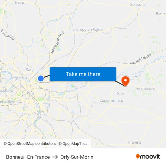 Bonneuil-En-France to Orly-Sur-Morin map