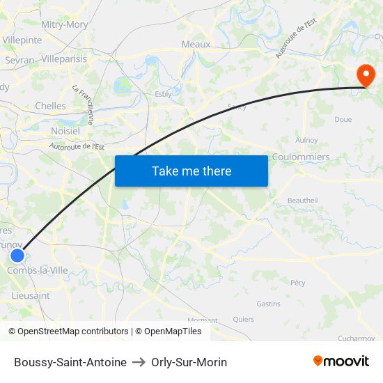 Boussy-Saint-Antoine to Orly-Sur-Morin map