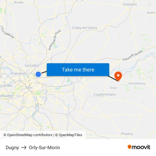 Dugny to Orly-Sur-Morin map
