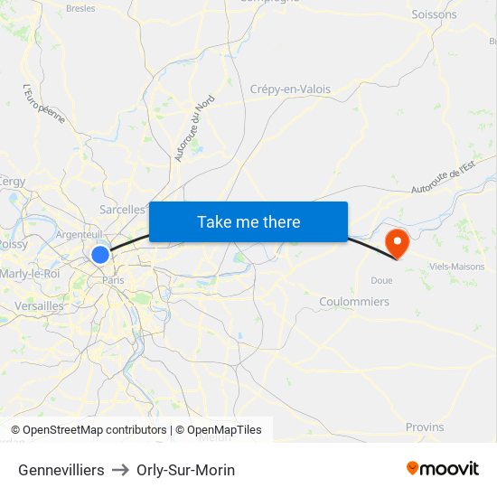 Gennevilliers to Orly-Sur-Morin map