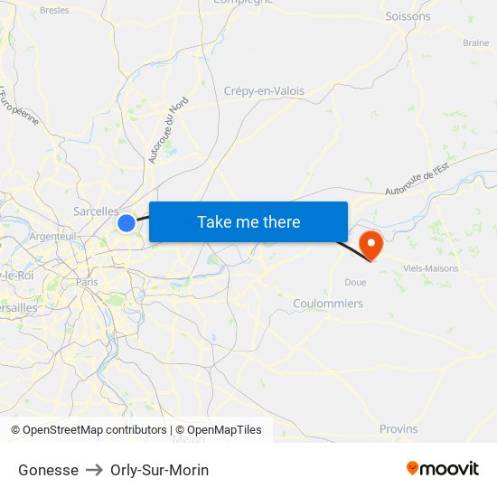 Gonesse to Orly-Sur-Morin map