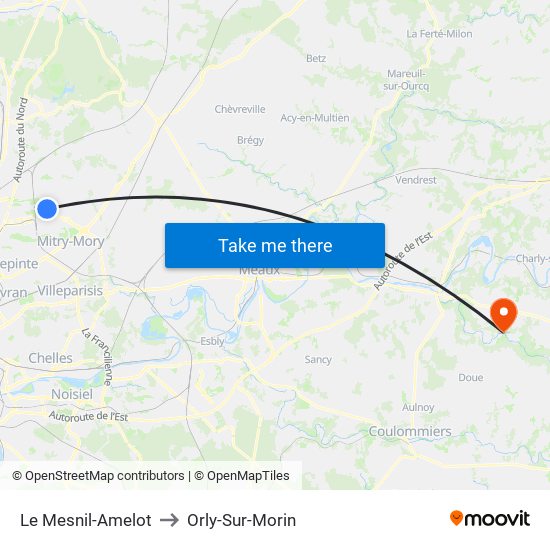 Le Mesnil-Amelot to Orly-Sur-Morin map