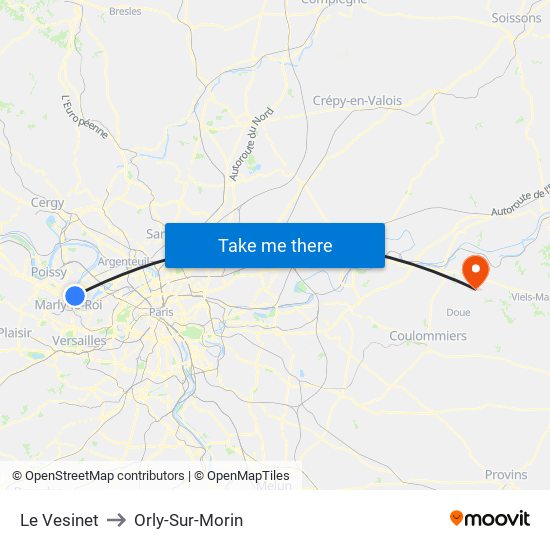 Le Vesinet to Orly-Sur-Morin map