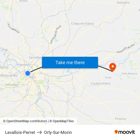 Levallois-Perret to Orly-Sur-Morin map