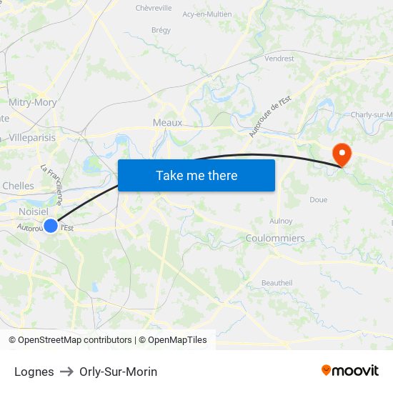 Lognes to Orly-Sur-Morin map