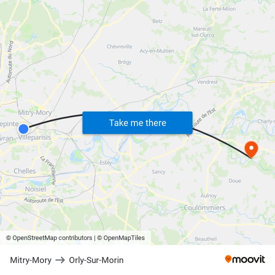 Mitry-Mory to Orly-Sur-Morin map