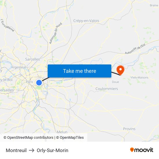 Montreuil to Orly-Sur-Morin map