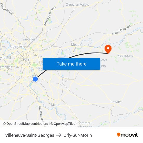 Villeneuve-Saint-Georges to Orly-Sur-Morin map