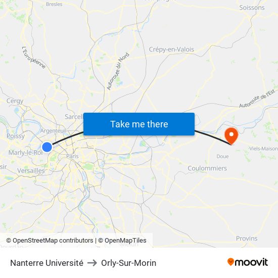 Nanterre Université to Orly-Sur-Morin map