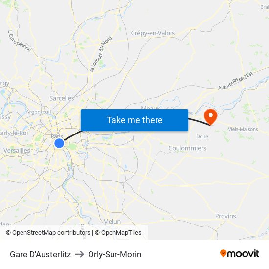 Gare D'Austerlitz to Orly-Sur-Morin map