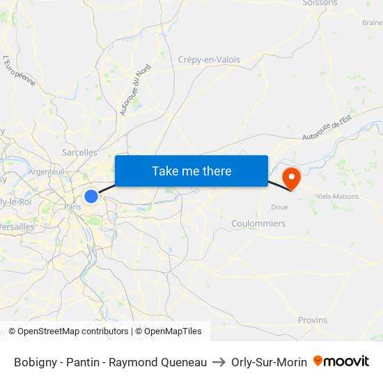 Bobigny - Pantin - Raymond Queneau to Orly-Sur-Morin map