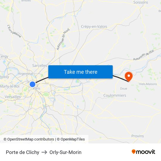 Porte de Clichy to Orly-Sur-Morin map
