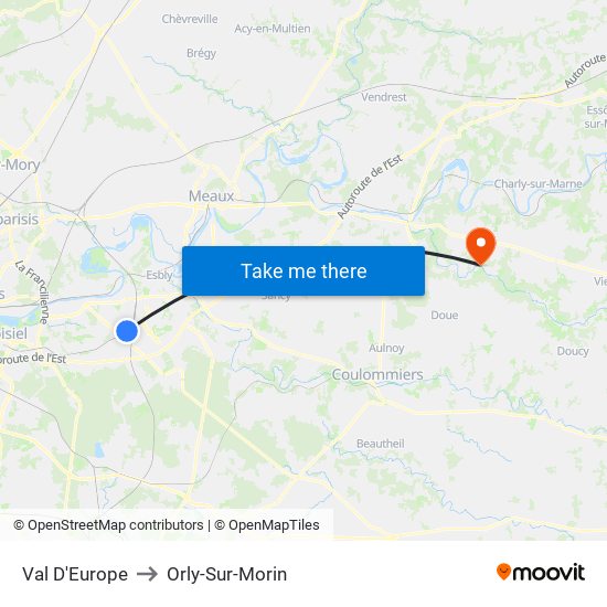 Val D'Europe to Orly-Sur-Morin map