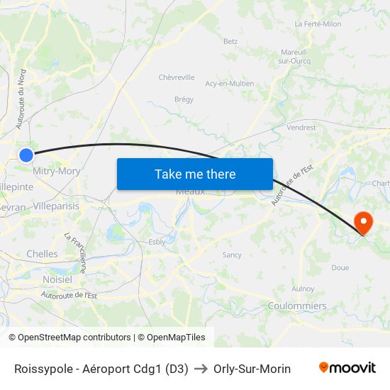Roissypole - Aéroport Cdg1 (D3) to Orly-Sur-Morin map
