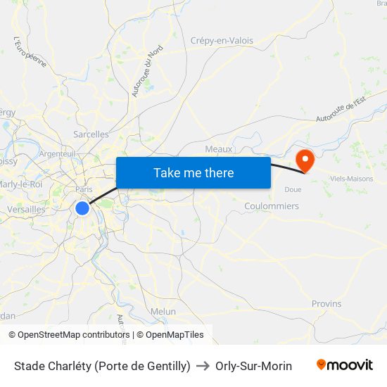 Stade Charléty (Porte de Gentilly) to Orly-Sur-Morin map