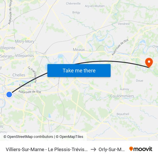 Villiers-Sur-Marne - Le Plessis-Trévise RER to Orly-Sur-Morin map