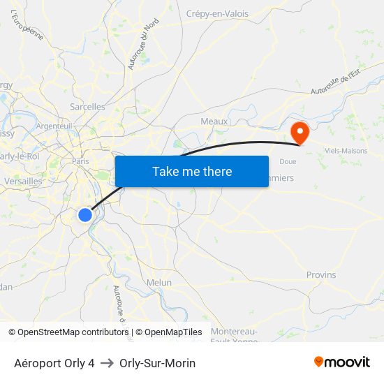 Aéroport Orly 4 to Orly-Sur-Morin map