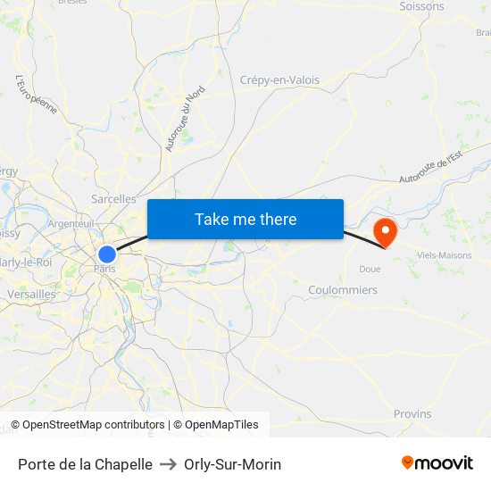 Porte de la Chapelle to Orly-Sur-Morin map