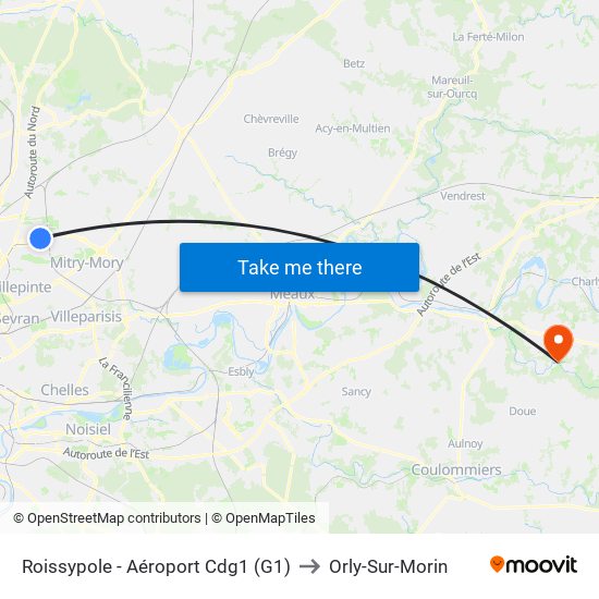 Roissypole - Aéroport Cdg1 (G1) to Orly-Sur-Morin map