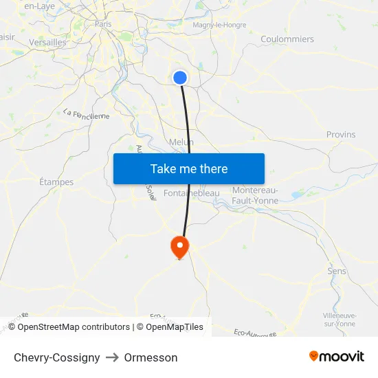 Chevry-Cossigny to Ormesson map