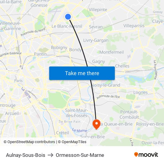 Aulnay-Sous-Bois to Ormesson-Sur-Marne map