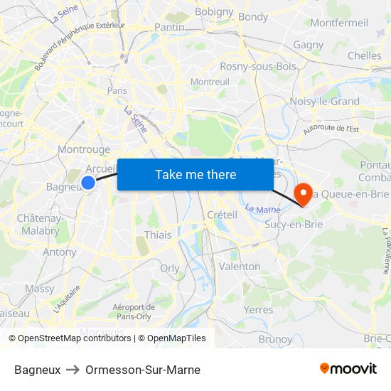 Bagneux to Ormesson-Sur-Marne map