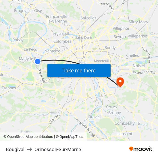 Bougival to Ormesson-Sur-Marne map