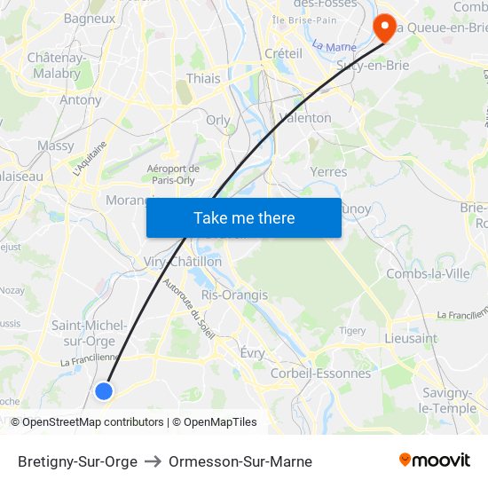 Bretigny-Sur-Orge to Ormesson-Sur-Marne map