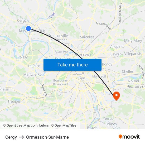 Cergy to Ormesson-Sur-Marne map