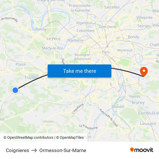 Coignieres to Ormesson-Sur-Marne map