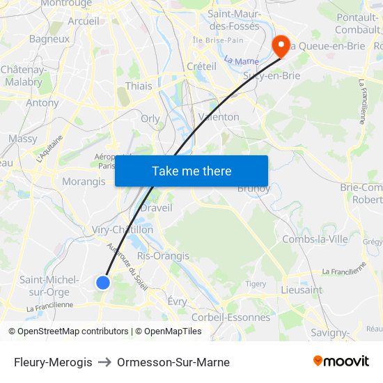 Fleury-Merogis to Ormesson-Sur-Marne map