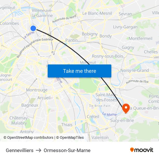 Gennevilliers to Ormesson-Sur-Marne map
