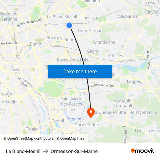 Le Blanc-Mesnil to Ormesson-Sur-Marne map