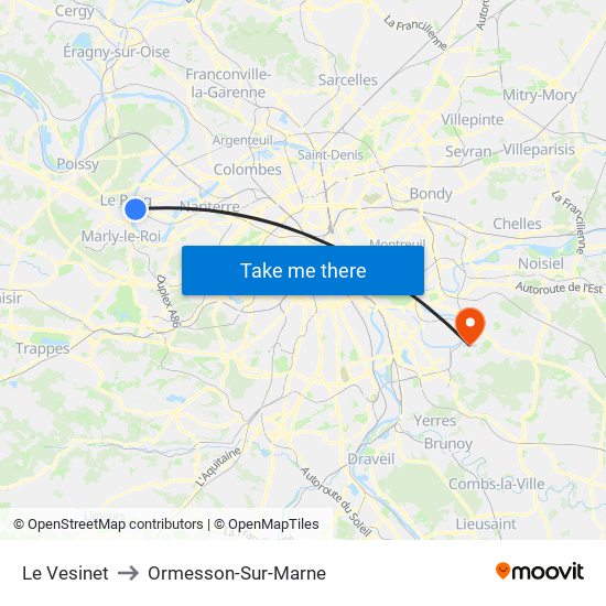 Le Vesinet to Ormesson-Sur-Marne map