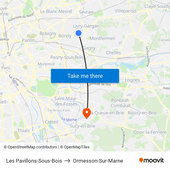 Les Pavillons-Sous-Bois to Ormesson-Sur-Marne map
