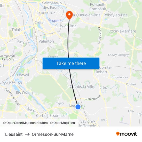 Lieusaint to Ormesson-Sur-Marne map
